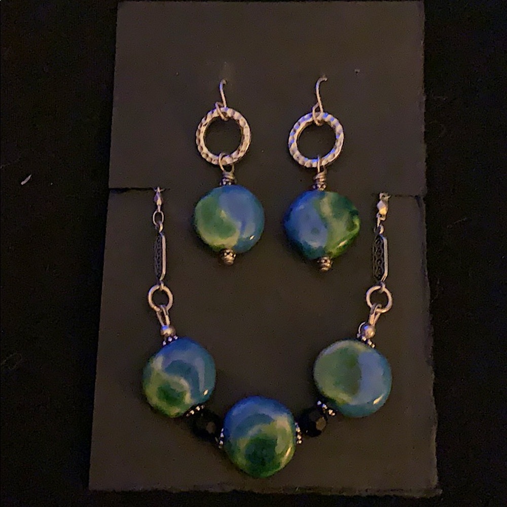 Green and blue beaded necklace and earrings up set